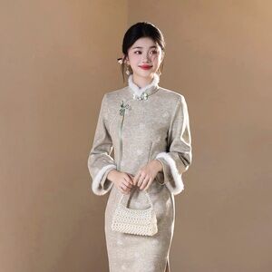 Elegant Beige Cheongsam Dress with White Accents